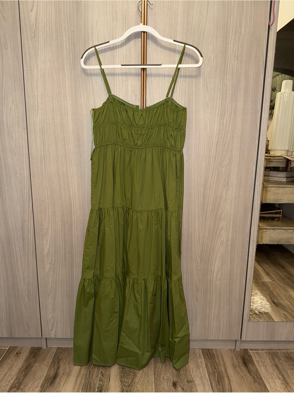 Moon River Olive Green Tiered Maxi Dress with Spaghetti Straps